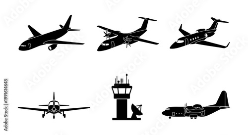 Aviation silhouette set with 6 vector icons, commercial airplane and private jet silhouettes, airport control tower and cargo plane graphics