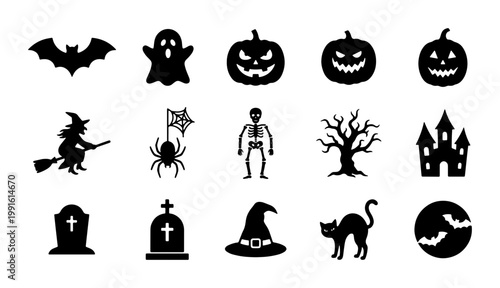 Halloween silhouette icon set with 15 black vector elements, spooky holiday symbols collection, flat horror graphics for party invitations