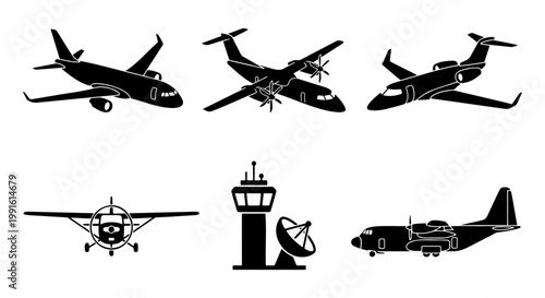 Aviation silhouette set with commercial airplanes and airport control tower, black aircraft icons for flight tracking and travel logistics, 6 vector elements