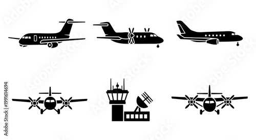Aviation icon set with commercial airplanes and airport control tower, black silhouette aircraft vector collection, 6 flight transportation elements