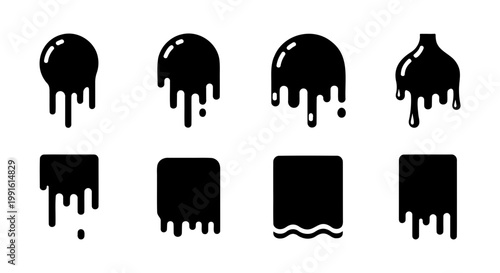 Black dripping liquid silhouettes, set of 8 melting paint and ink drop icons, viscous fluid splash vector elements for graphic design and branding