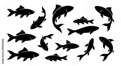 Black fish silhouettes set, collection of 12 aquatic animal icons, minimalist river fish vector graphics for fishing logos and nature designs