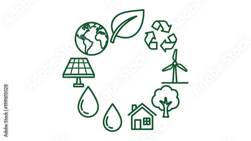 Green Ecology: A circular arrangement of environmentally friendly icons symbolizing sustainability and a greener future, with the central focus being earth's wellbeing.