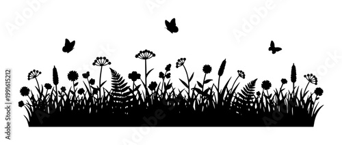 Wildflower meadow silhouette with butterflies, black floral grass border vector, botanical garden field landscape, summer nature horizontal divider