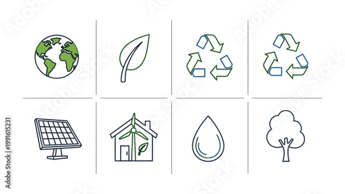Eco-Friendly Icons: A collection of meticulously crafted eco-friendly icons representing key elements of environmental sustainability and conservation, inviting viewers to embrace a greener lifestyle.