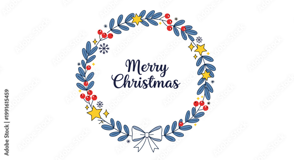 Fototapeta premium Elegant christmas wreath with blue leaves, red berries, and golden stars featuring a merry christmas message.