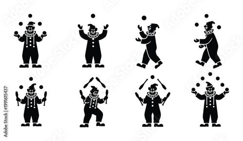 Obraz na płótnie Vintage circus clown silhouette set, 8 juggling performer icons in black and whi