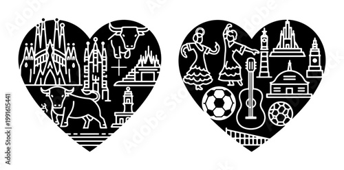 Spanish culture heart icons set, black and white Spain travel symbols, flamenco dancers and bull silhouette vector, European vacation landmarks