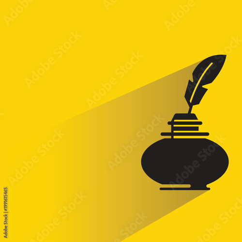 ink bottle and quill icon with shadow on yellow background