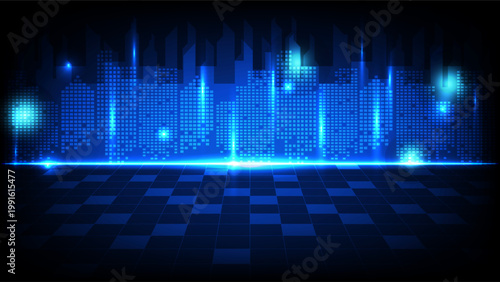 Abstract high tech background featuring a futuristic blue pixelated city skyline and data network concept