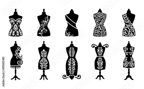 Vintage mannequin silhouettes with floral lace patterns, set of 10 dress form vector icons, elegant female torso tailor dummies for fashion design