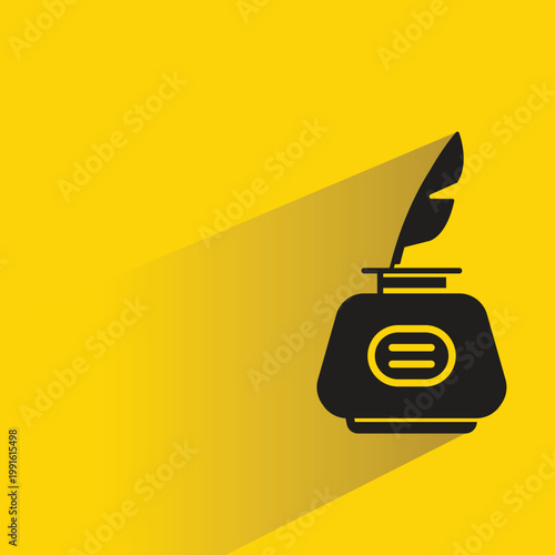 ink bottle and quill icon with shadow on yellow background
