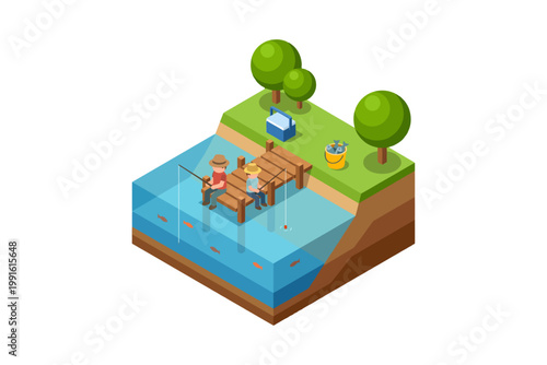 Enjoying a Peaceful Day of Fishing by the Water on a Wooden Pier with Trees