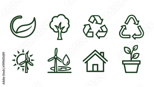 Eco-Friendly Icons: A collection of minimalist, clean line art icons that represent the essence of environmental preservation and sustainable living, including concepts such as recycling.