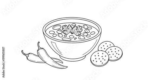 Appetizing bowl of bean soup or chili garnish with cilantro is served alongside crispy round crackers and spicy red chili peppers.