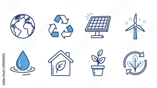 Eco-Friendly Icons: A visual representation of environmental sustainability, showcasing icons of renewable energy sources and eco-conscious practices.