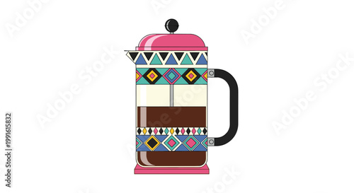 Stylish French press coffee maker featuring colorful geometric patterns and filled with dark brewed coffee.