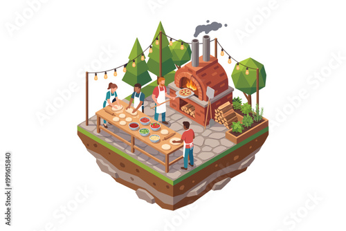 Outdoor Pizza Party with Brick Oven and Friends Making Pizzas