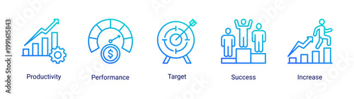 Kaizen productivity icon set featuring performance,target achievement,and growth concepts.Designed for business performance tracking,productivity improvement,and goal achievement visualization.