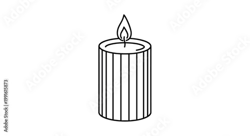 Simple pillar candle with a vertical striped texture and a small flame appears as a clean black and white line art illustration.