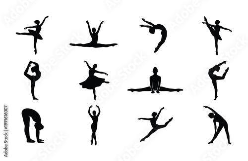 Ballerina silhouette vector set, 12 ballet dancer poses in black and white, graceful female gymnastics and yoga figures for theater and dance studio branding
