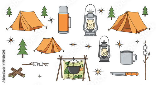 Collection of camping equipment icons featuring tents, oil lanterns, fire logs, marshmallows on sticks, and outdoor tools for hikers.