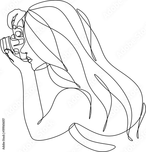 One line drawing of a paparazzi photographer taking pictures with a modern digital camera with angles. Journalist or reporter taking pictures. Continuous line drawing, graphic vector illustration.