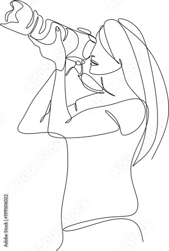 One line drawing of a paparazzi photographer taking pictures with a modern digital camera with angles. Journalist or reporter taking pictures. Continuous line drawing, graphic vector illustration.