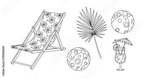 Collection of summer beach vacation icons featuring a floral deck chair, palm leaf, striped beach balls, and a refreshing tropical cocktail.