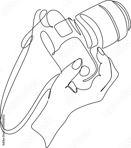One line drawing of a paparazzi photographer taking pictures with a modern digital camera with angles. Journalist or reporter taking pictures. Continuous line drawing, graphic vector illustration.