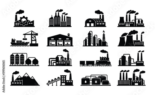 Industrial factory icon set, 16 black vector silhouettes of manufacturing plants and power stations, heavy industry building symbols for infographics
