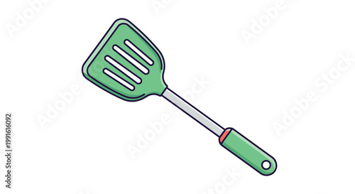 Colorful illustration of a green kitchen spatula with a silver handle used for cooking and flipping food in the domestic household kitchen.