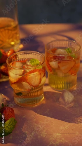 Two strawberry mint iced tea glasses with ice cubes on a ceramic tray, styled in bright sunlight on a purple table with fresh berries, mint leaves, and clear copy space