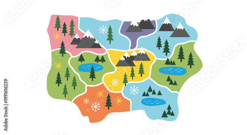 Illustrated map of a fictional land shows different biomes with pine forests, snowy mountains, blue lakes, and orange fields to see.