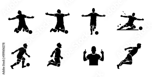 Soccer player silhouette set, professional football athlete action poses, 8 black vector icons of players celebrating goals and running with ball