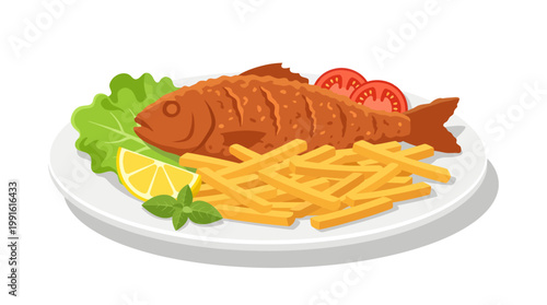 A vibrant vector illustration displaying a perfectly fried, golden-brown whole fish served on a white plate alongside crispy French fries, fresh green lettuce, sliced tomato, and a bright lemon wedge
