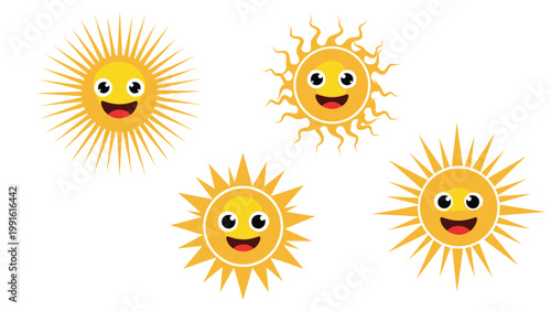 Set of cute happy sun characters with different ray styles and smiling faces on white background for kids design.