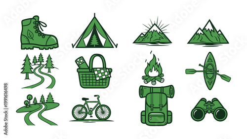 Camping Essentials: Illustrated collection of outdoor adventure elements, capturing the spirit of exploration and recreational fun, perfect for all nature enthusiasts.