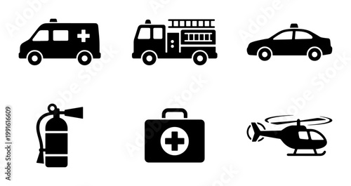Emergency services icon set with 6 black vector silhouettes, first responder vehicle and equipment symbols, ambulance and fire truck graphics