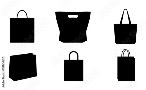 Shopping bag silhouette icons set, black paper bag and tote bag vector collection, 6 retail packaging elements for commerce and fashion branding