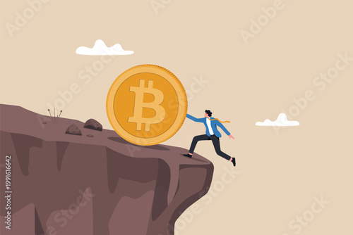 Businessman pushing a large bitcoin coin off a cliff edge vector cartoon illustration isolated on transparent background