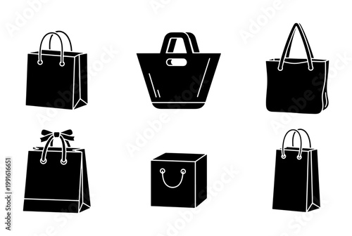 Minimalist shopping bag icons set, black paper gift bag silhouettes, retail packaging vector collection, 6 fashion tote and boutique bag elements