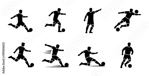 Soccer player silhouettes set, 8 football athlete icons in action poses, black sport vector figures kicking ball, athletic competition graphics