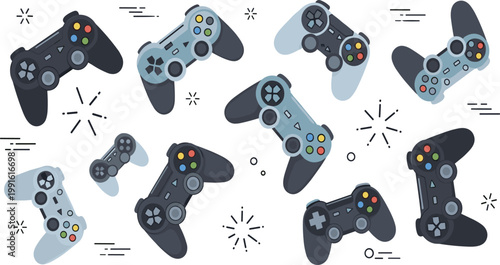Game Controller Icon Set with Joystick Buttons Console Video Gamepad Symbols for Gaming Equipment UI Design and Digital Entertainment Illustrations.