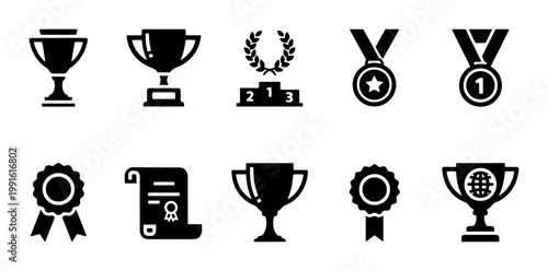 Award and trophy icon set, black solid victory symbols, 10 achievement vector elements, sports competition medals and winner podium graphics