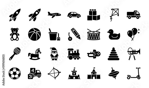 Childrens toy icon set, 28 black solid vector symbols for kids play and nursery, collection of baby toys and game elements for web and app design