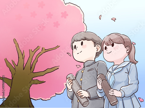 男女の学生と桜吹雪