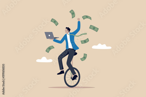 Businessman riding a unicycle with a laptop and flying money vector cartoon illustration isolated on transparent background