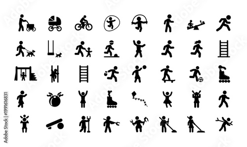 Minimalist playground icons set, black silhouette children playing and outdoor activities vector, 40 stick figure people symbols for park and recreation