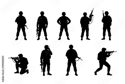 Military soldier silhouettes set, armed infantry troops in tactical gear, black army commando vector icons for war and defense concepts